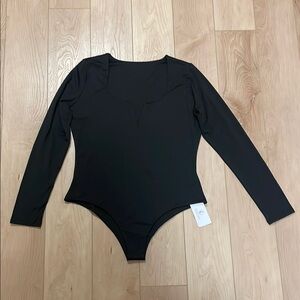 Long Sleeve Notched V-Neck Bodysuit, Black, sz XL